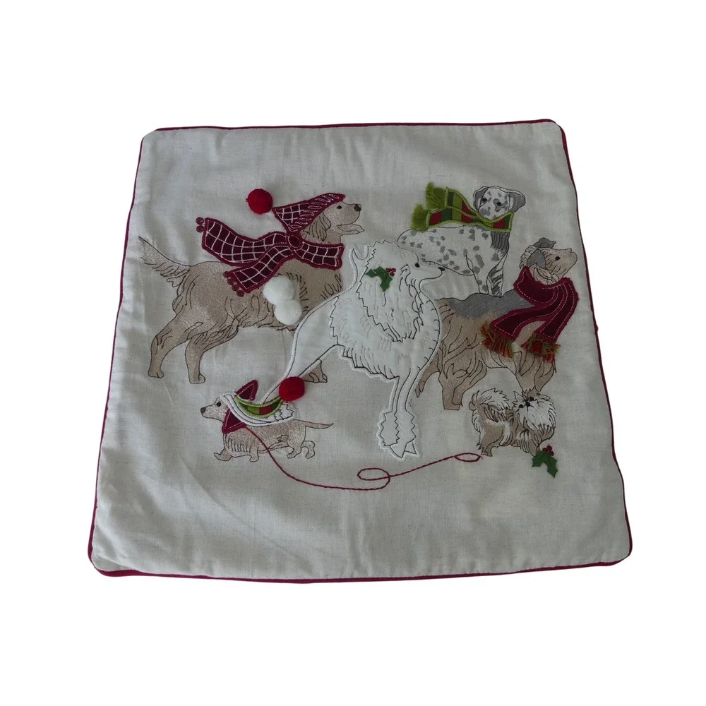 Pier 1 Imports Christmas Dogs Embroidered Throw Pillow Cover Red Cream 18x18 - Picture 1 of 10